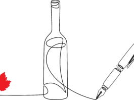 line art wine bottle and pen graphic