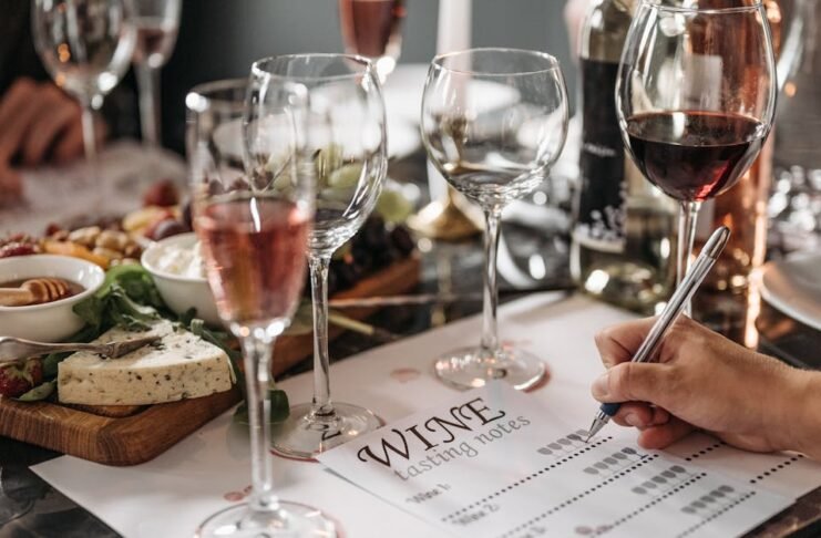 Elegant wine tasting event with cheese platter and detailed tasting notes for a refined experience.